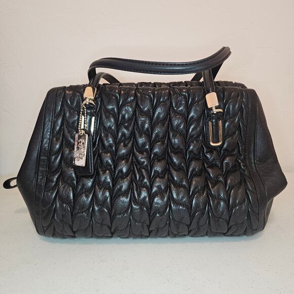 COACH Madison Gathered Chevron Leather Madeline Satchel 25985 Black Purse Bag - Picture 1 of 10